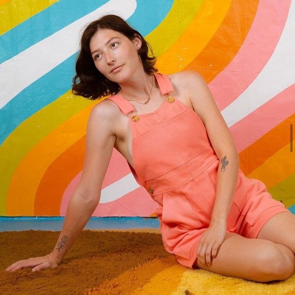 BIG BUD PRESS Flamingo Pink Denim Overall Shorts NWOT Shortalls XXS - Picture 4 of 16